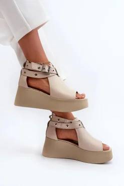 Skórzane Sandały Na Koturnie Beżowe Zazoo 1732