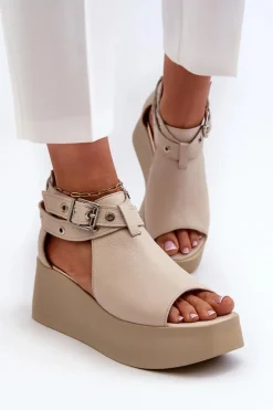 Skórzane Sandały Na Koturnie Beżowe Zazoo 1732