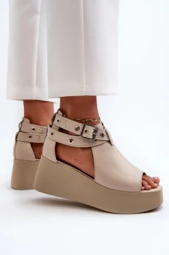 Skórzane Sandały Na Koturnie Beżowe Zazoo 1732