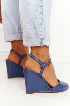 Skórzane Sandały Na Koturnie Laura Messi 2253 Granatowe