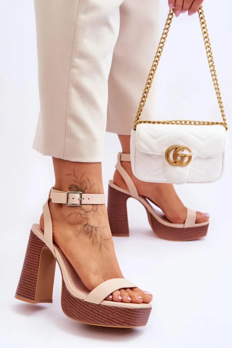 Skórzane Sandały Na Masywnej Platformie Beżowe Marina