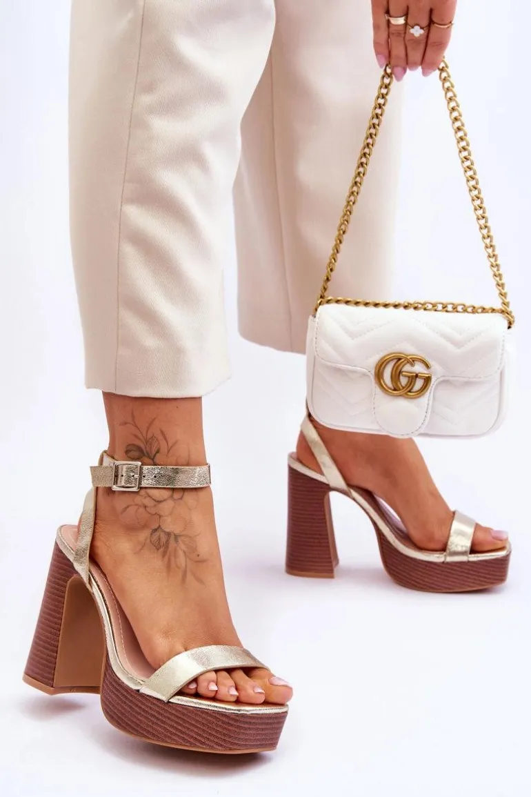 Skórzane Sandały Na Masywnej Platformie Złote Marina