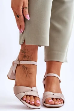 Skórzane Sandały Na Niskim Obcasie Sergio Leone SK898 Beżowe