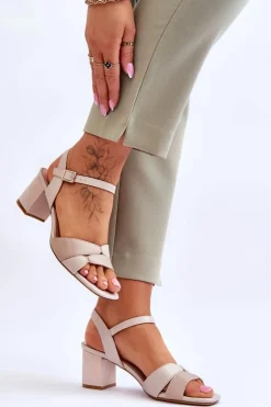 Skórzane Sandały Na Niskim Obcasie Sergio Leone SK898 Beżowe