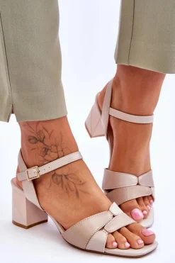 Skórzane Sandały Na Niskim Obcasie Sergio Leone SK898 Beżowe