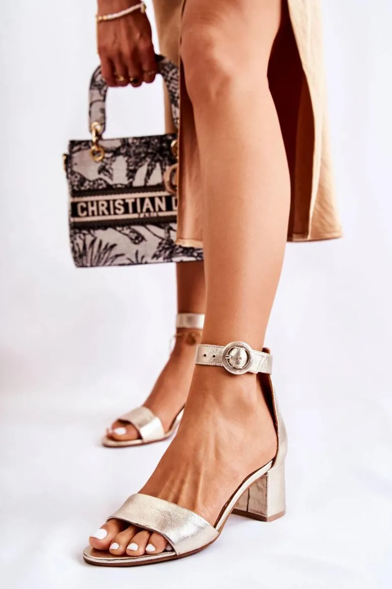 Skórzane Sandały Na Obcasie Maciejka 04141-42 Złote