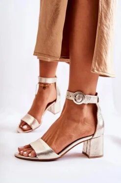 Skórzane Sandały Na Obcasie Maciejka 04141-42 Złote