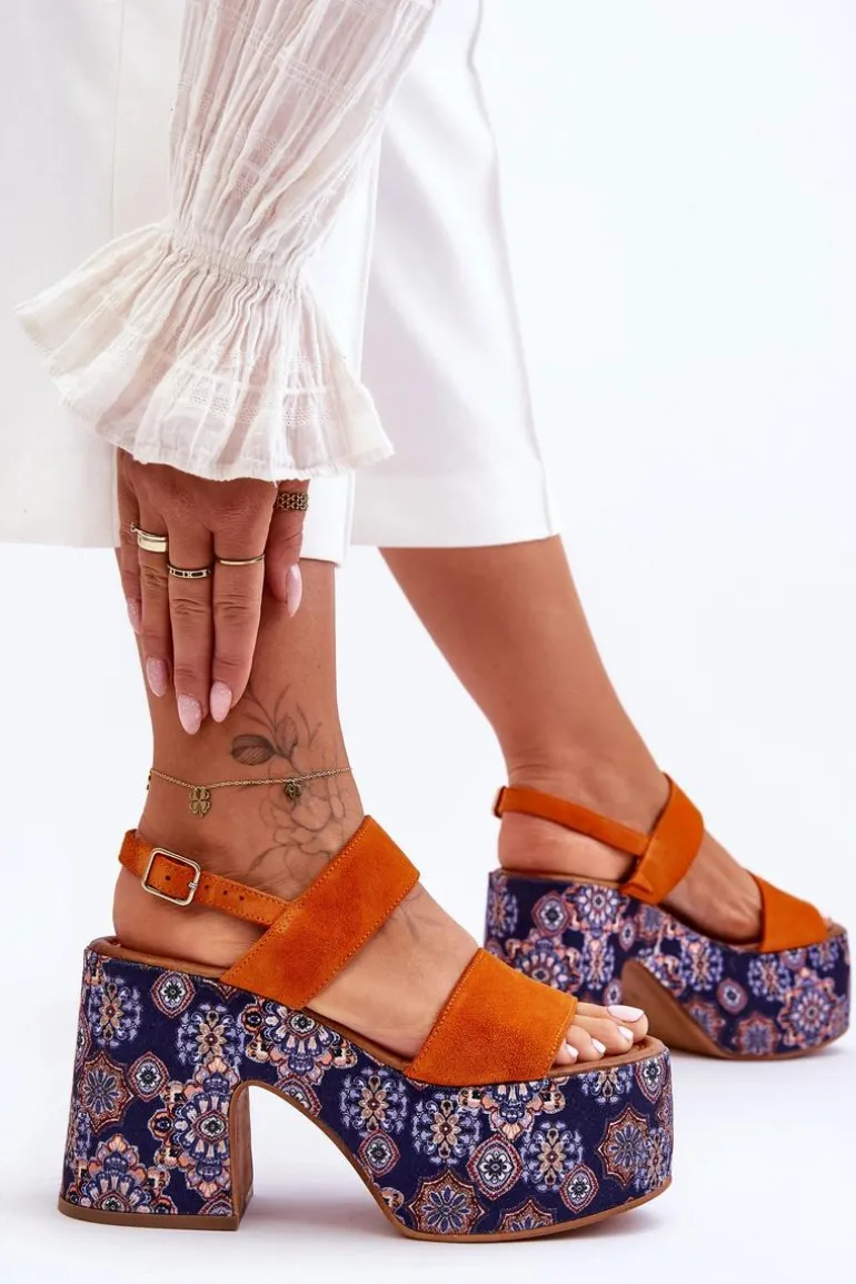 Skórzane Sandały Na Obcasie Maciejka 06089-18 Pomarańczowe