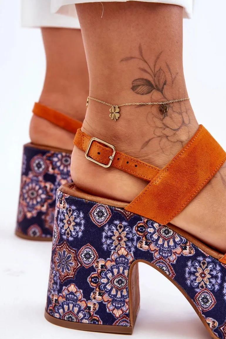 Skórzane Sandały Na Obcasie Maciejka 06089-18 Pomarańczowe