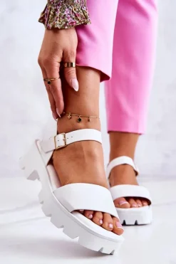 Skórzane Sandały Na Obcasie Białe Sovie