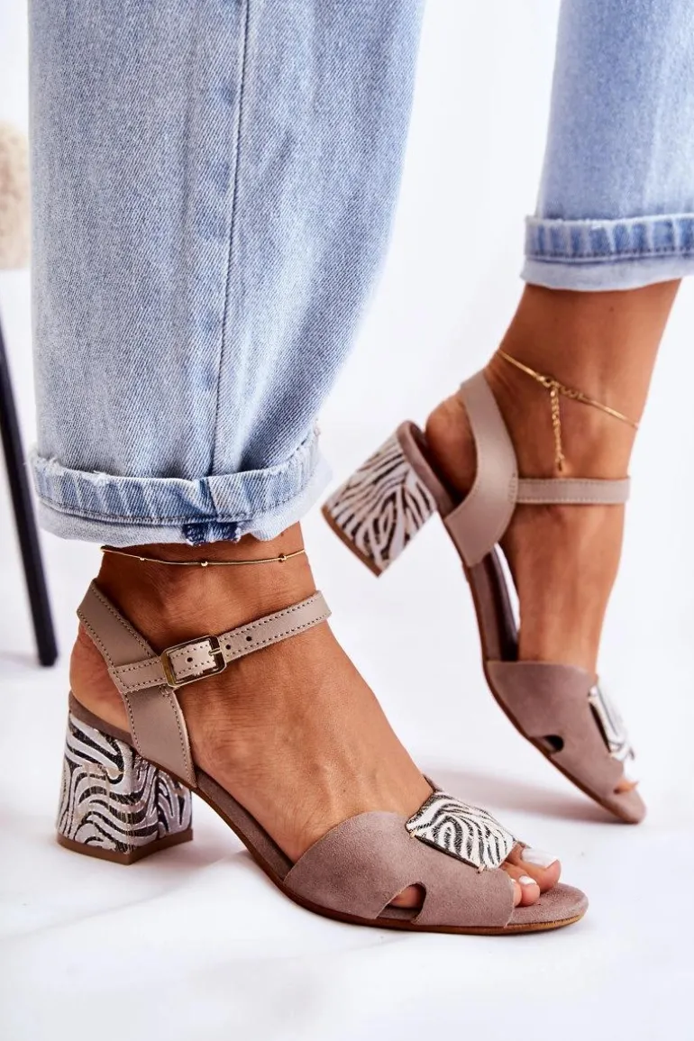 Skórzane Sandały Na Obcasie Maciejka 04120-10 Beżowe