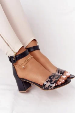 Skórzane Sandały Na Obcasie Maciejka 04141-46 Czarno-Złote