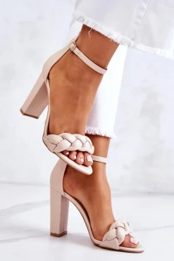 Skórzane Sandały Na Obcasie Beżowe Henriett