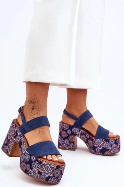 Skórzane Sandały Na Obcasie Maciejka 06089-17 Granatowe