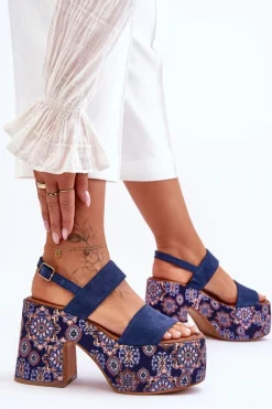 Skórzane Sandały Na Obcasie Maciejka 06089-17 Granatowe