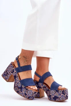 Skórzane Sandały Na Obcasie Maciejka 06089-17 Granatowe