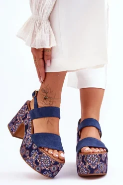 Skórzane Sandały Na Obcasie Maciejka 06089-17 Granatowe