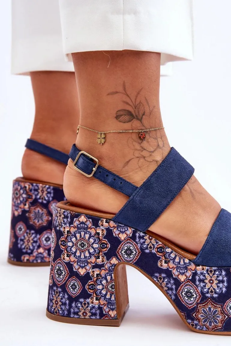 Skórzane Sandały Na Obcasie Maciejka 06089-17 Granatowe
