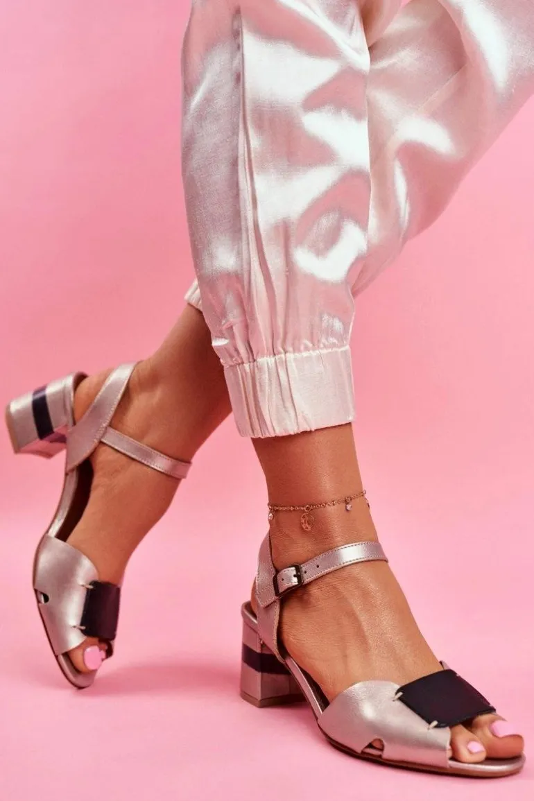 Skórzane Sandały Na Obcasie Maciejka 04120-25 Złote