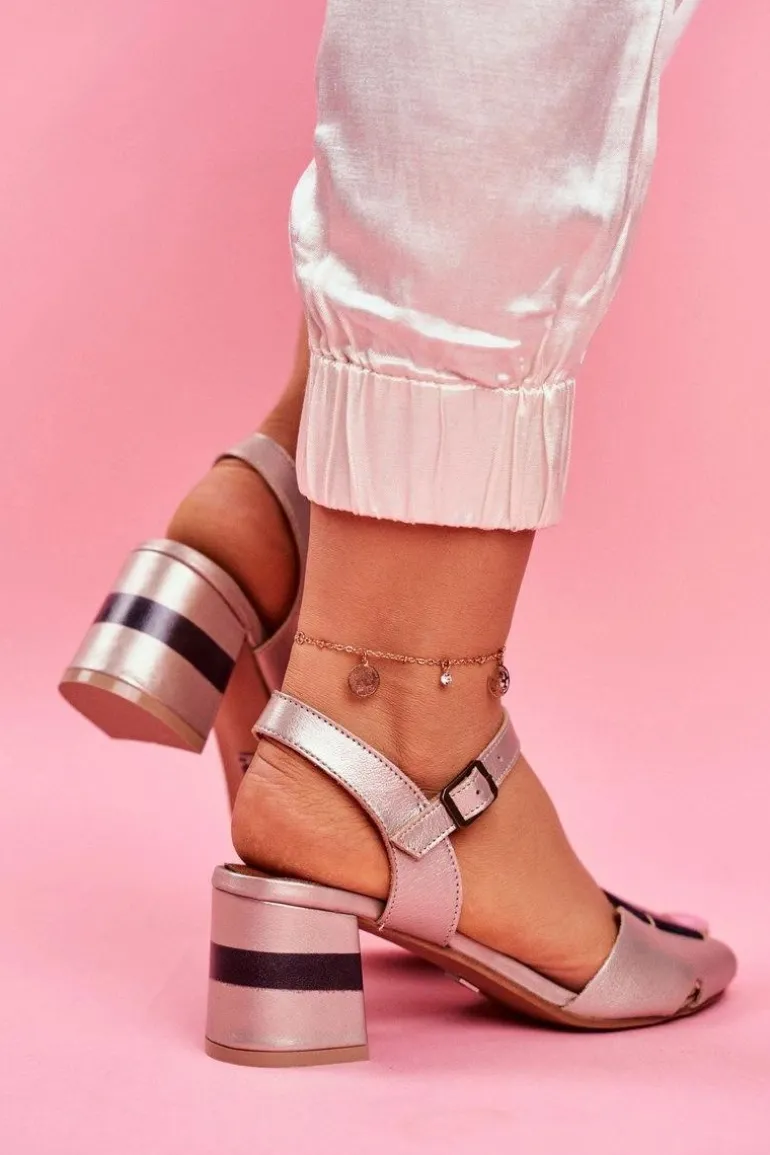 Skórzane Sandały Na Obcasie Maciejka 04120-25 Złote