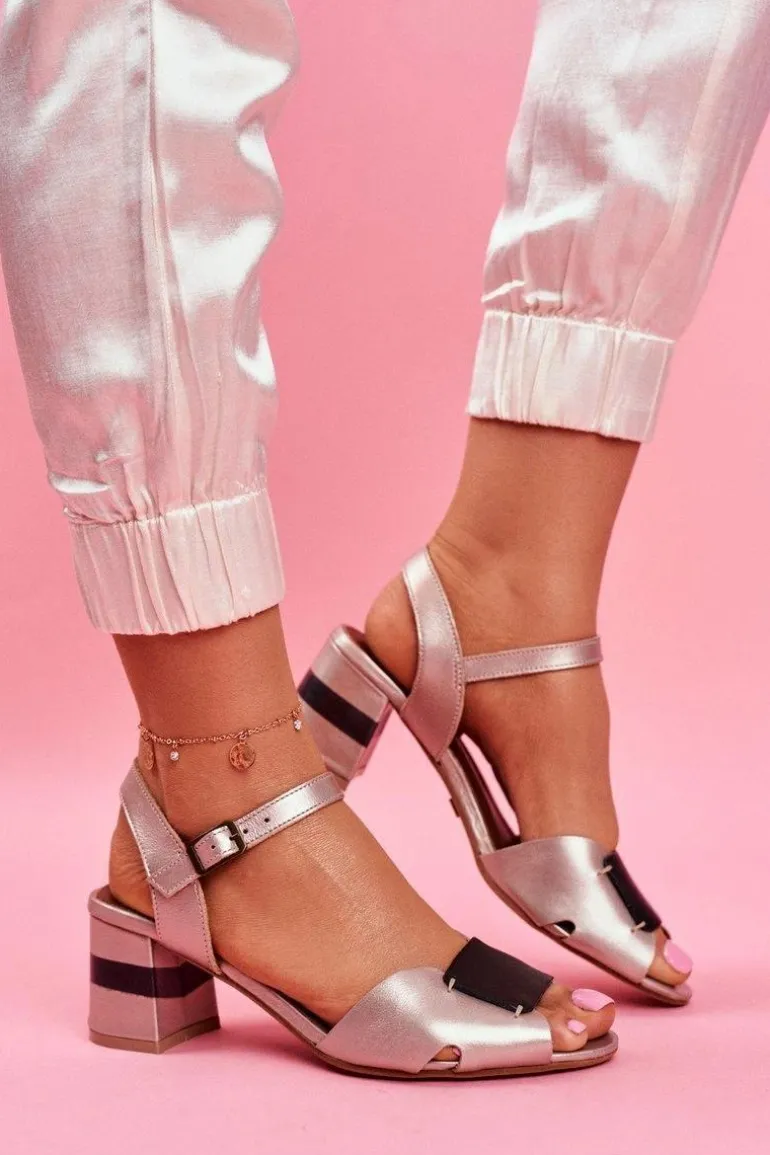 Skórzane Sandały Na Obcasie Maciejka 04120-25 Złote