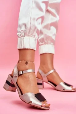 Skórzane Sandały Na Obcasie Maciejka 04120-25 Złote