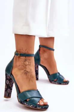 Skórzane Sandały Na Obcasie Maciejka 06081-09 Ciemnozielone