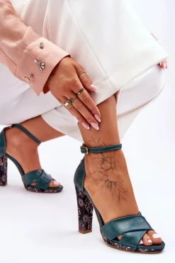 Skórzane Sandały Na Obcasie Maciejka 06081-09 Ciemnozielone