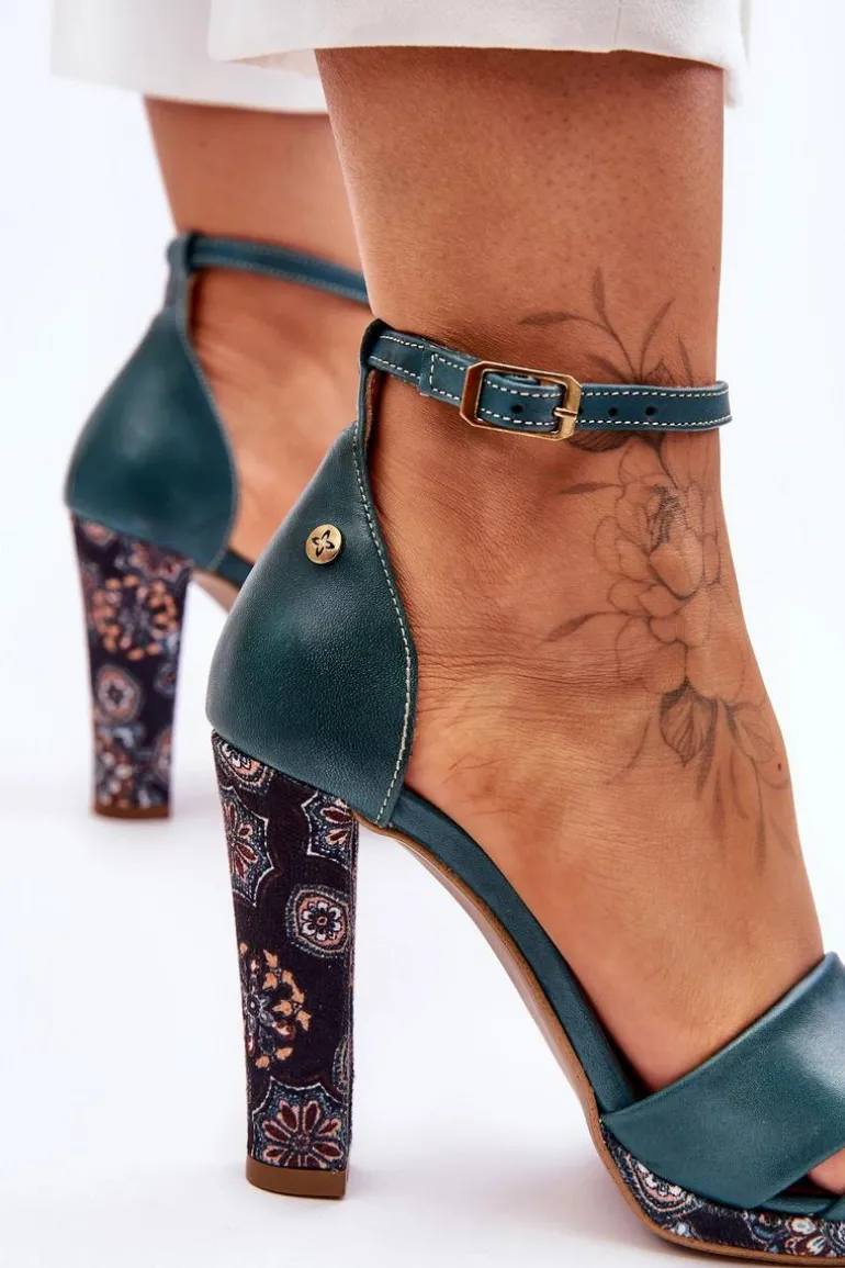 Skórzane Sandały Na Obcasie Maciejka 06081-09 Ciemnozielone