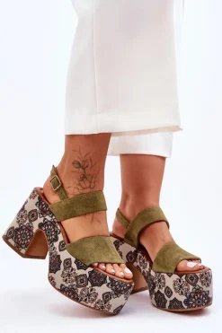 Skórzane Sandały Na Obcasie Maciejka 06089-24 Zielone