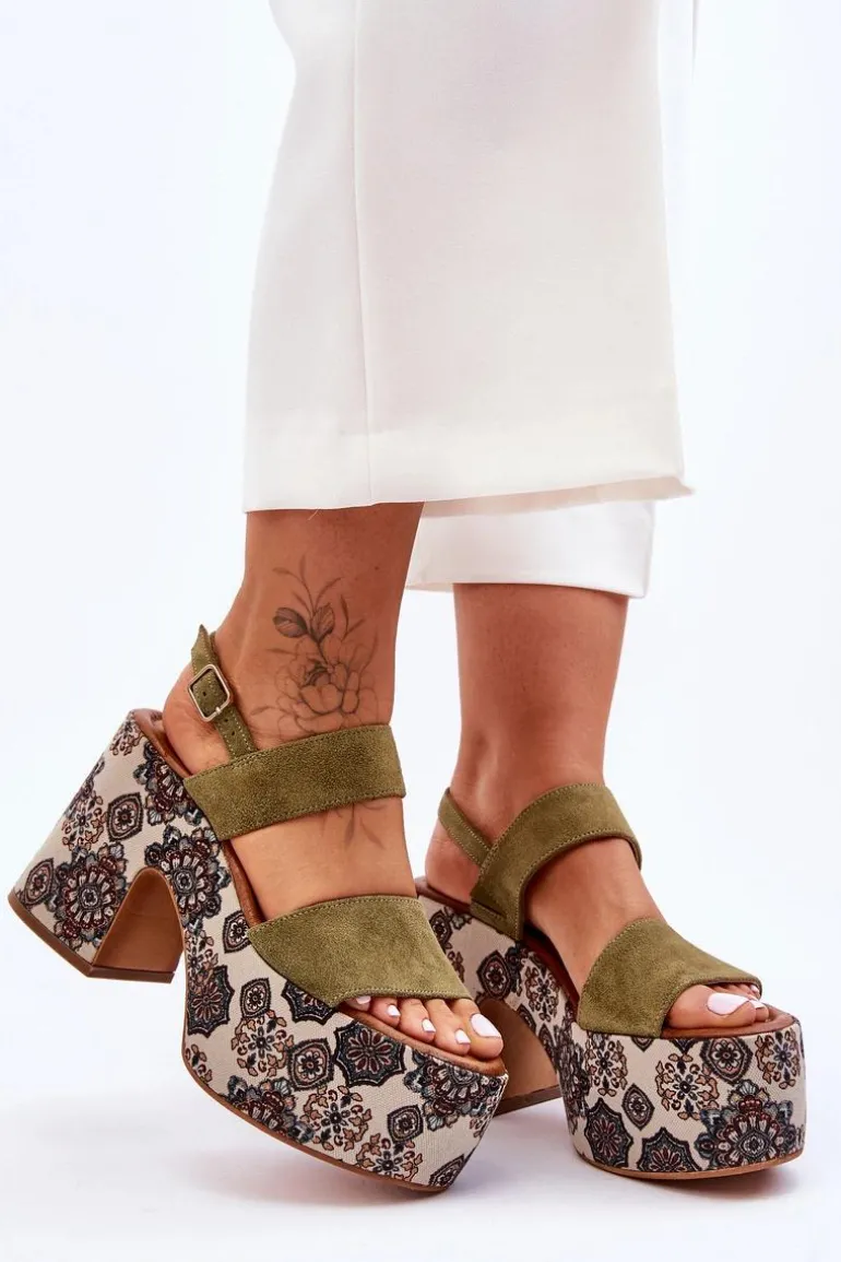 Skórzane Sandały Na Obcasie Maciejka 06089-24 Zielone