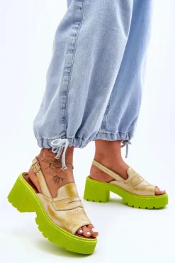 Skórzane Sandały Na Obcasie I Platformie Maciejka 06039-07 Żółte