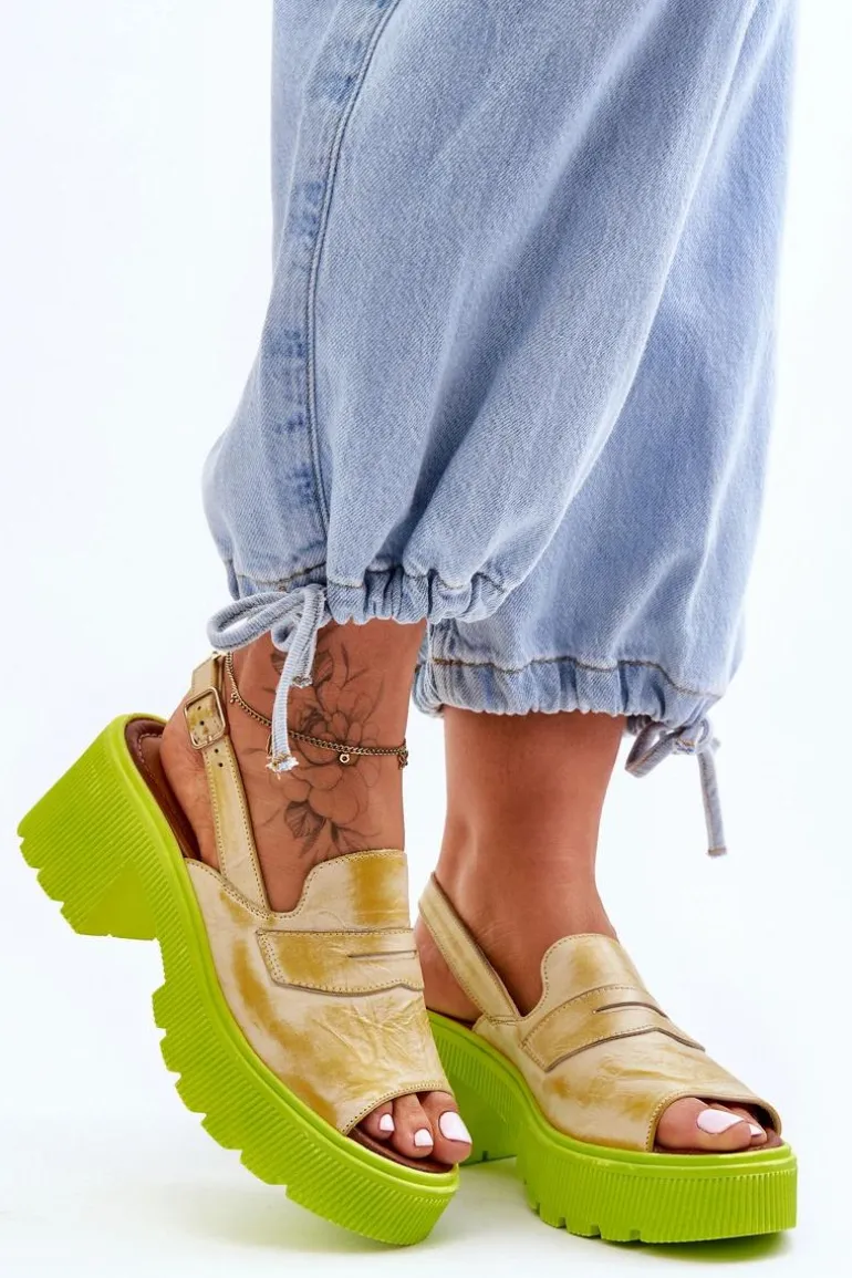 Skórzane Sandały Na Obcasie I Platformie Maciejka 06039-07 Żółte
