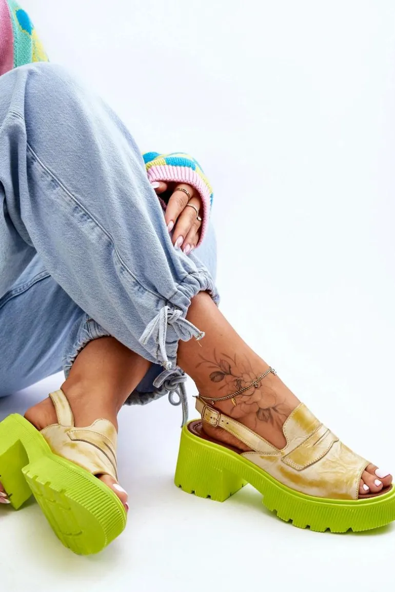 Skórzane Sandały Na Obcasie I Platformie Maciejka 06039-07 Żółte