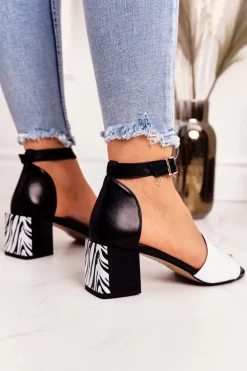 Skórzane Sandały Na Obcasie Laura Messi 2285 Zebra Czarne