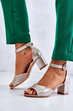 Skórzane Sandały Na Obcasie Vinceza 20100 Złote