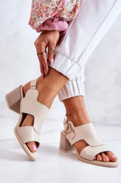 Skórzane Sandały Na Obcasie La.Fi Beżowe Leratto