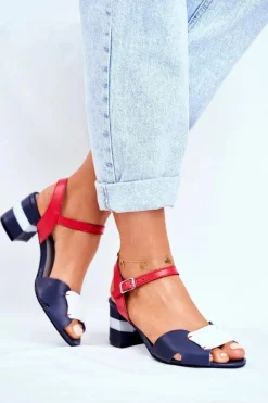 Skórzane Sandały Na Obcasie Maciejka 04120-17 Granatowe