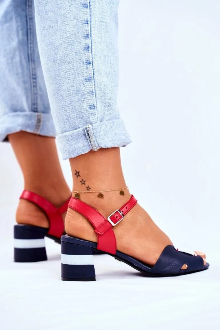 Skórzane Sandały Na Obcasie Maciejka 04120-17 Granatowe