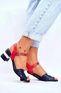 Skórzane Sandały Na Obcasie Maciejka 04120-17 Granatowe