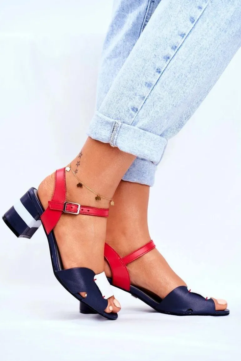 Skórzane Sandały Na Obcasie Maciejka 04120-17 Granatowe