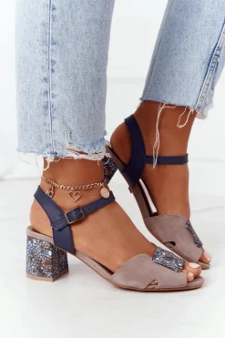 Skórzane Sandały Na Obcasie Maciejka 04120-43 Beżowo-Granatowe