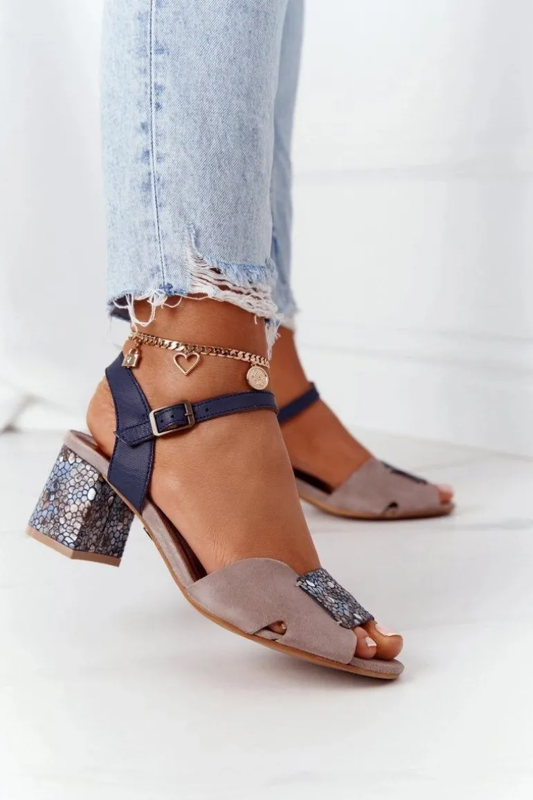 Skórzane Sandały Na Obcasie Maciejka 04120-43 Beżowo-Granatowe