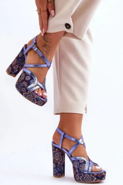 Skórzane Sandały Na Obcasie Maciejka 06084-17 Granatowe