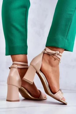 Skórzane Sandały Na Obcasie Laura Messi 2425 Beżowe