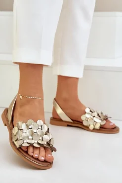 Skórzane Sandały Na Płaskim Obcasie Zazoo 40425 Złote