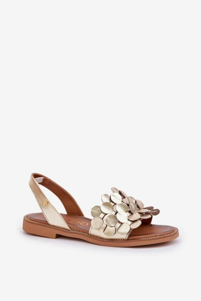 Skórzane Sandały Na Płaskim Obcasie Zazoo 40425 Złote