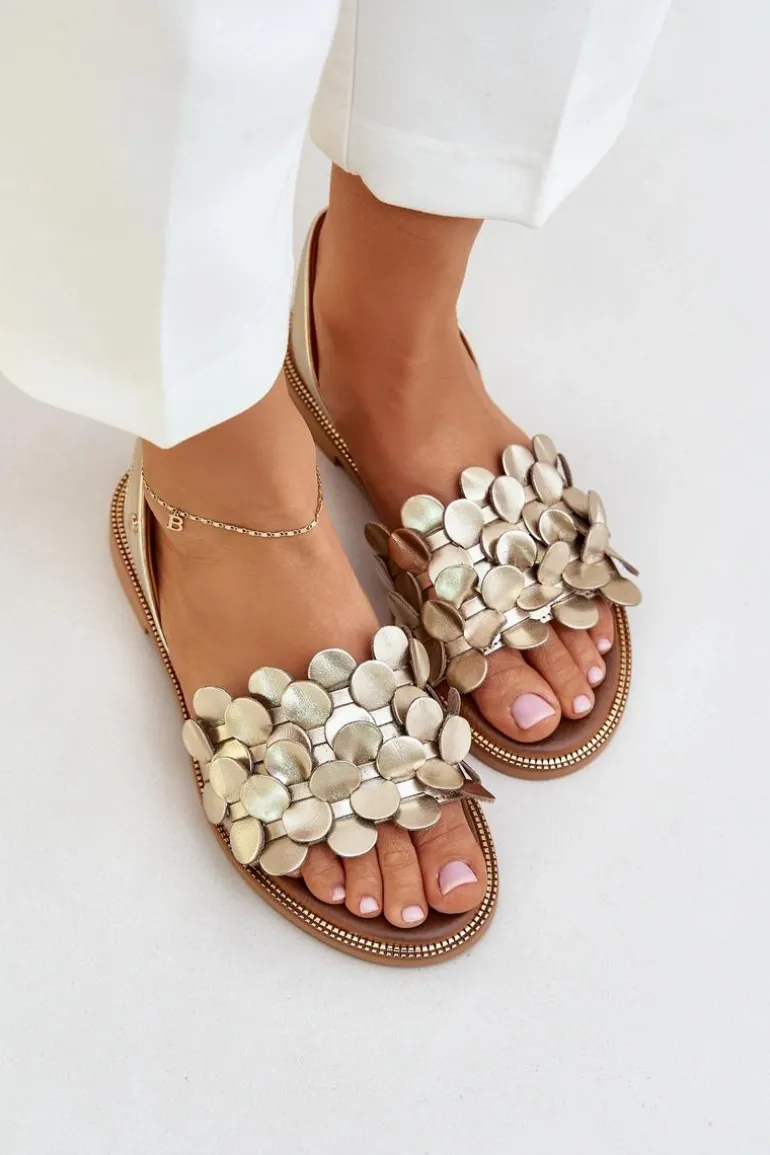 Skórzane Sandały Na Płaskim Obcasie Zazoo 40425 Złote