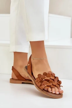 Skórzane Sandały Na Płaskim Obcasie Zazoo 40425 Brązowe