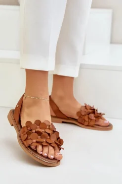 Skórzane Sandały Na Płaskim Obcasie Zazoo 40425 Brązowe